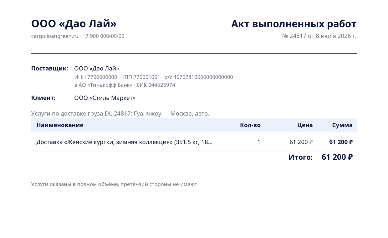 Акт выполненных работ: доставка груза, сумма, реквизиты сторон